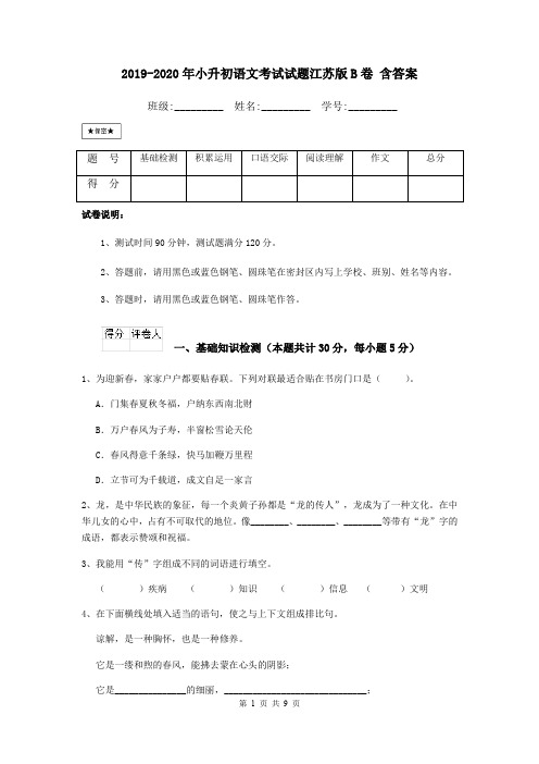 2019-2020年小升初语文考试试题江苏版B卷 含答案