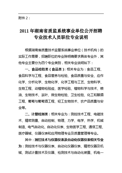 2011年湖南省质监系统事业单位公开招聘专业技术人员职位说明