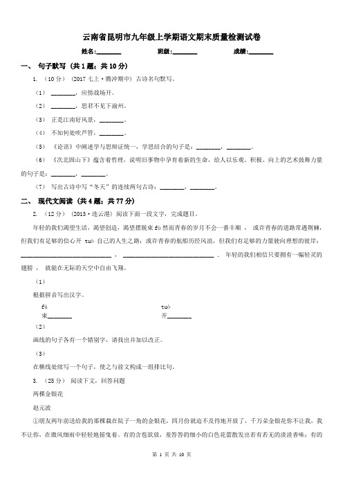 云南省昆明市九年级上学期语文期末质量检测试卷