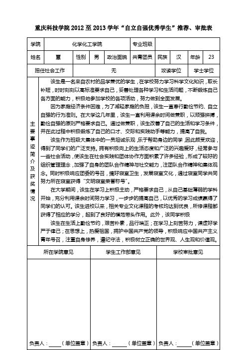 重庆科技学院“自立自强优秀学生”推荐、审批表( )