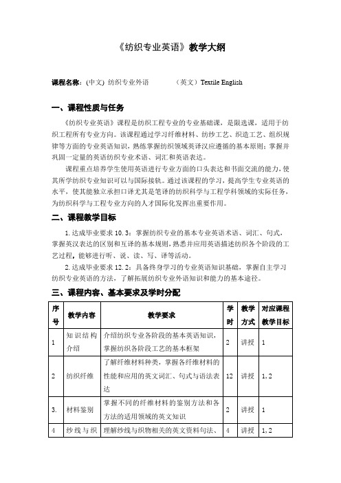 纺织专业外语教学大纲