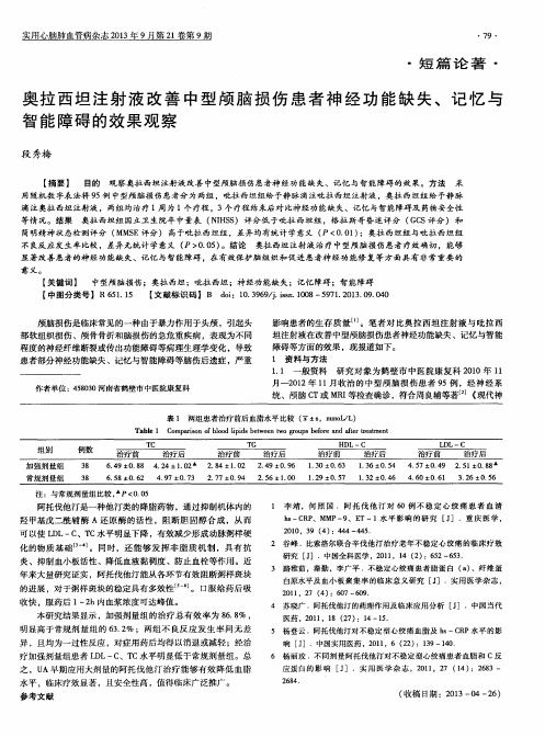 奥拉西坦注射液改善中型颅脑损伤患者神经功能缺失、记忆与智能障碍的效果观察
