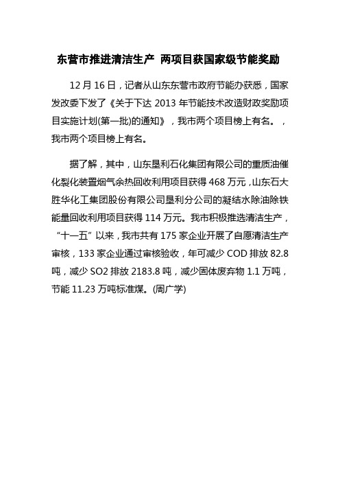 东营市推进清洁生产 两项目获国家级节能奖励
