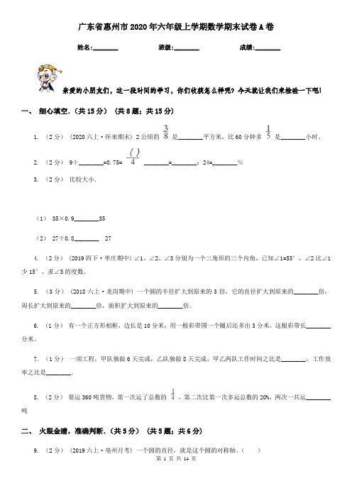 广东省惠州市2020年六年级上学期数学期末试卷A卷