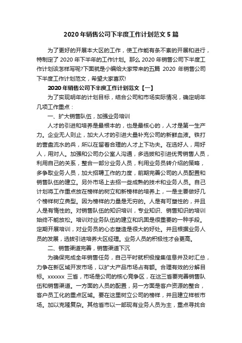 2020年销售公司下半度工作计划范文5篇