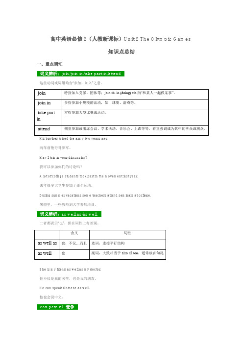 高中英语必修2(人教新课标)Unit-2-The-Olympic-Games--知识点总结