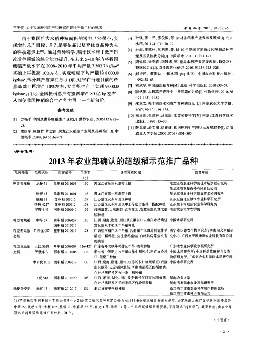 2013年农业部确认的超级稻示范推广品种