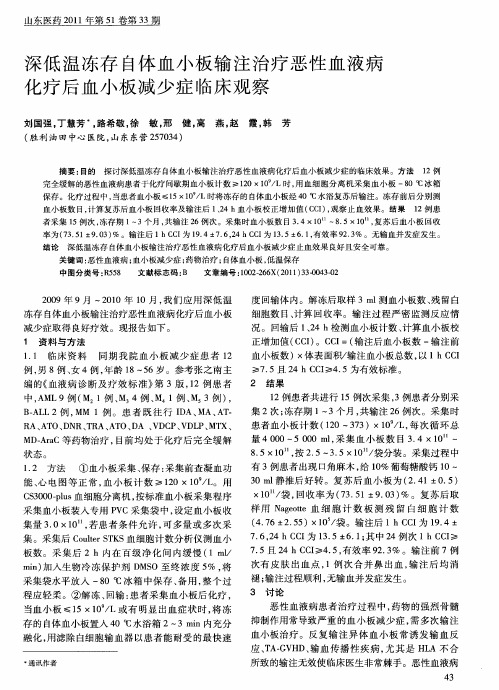 深低温冻存自体血小板输注治疗恶性血液病化疗后血小板减少症临床观察