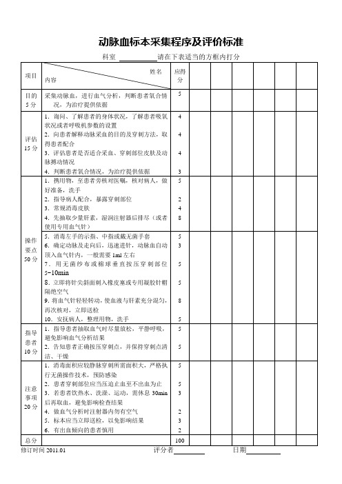 动脉血标本采集程序及评价标准