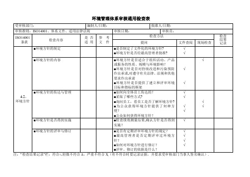 环境管理体系审核通用检查表