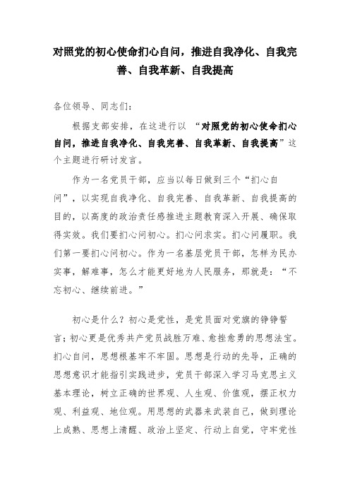 对照党的初心使命扪心自问,推进自我净化、自我完善、自我革新、自我提高研讨