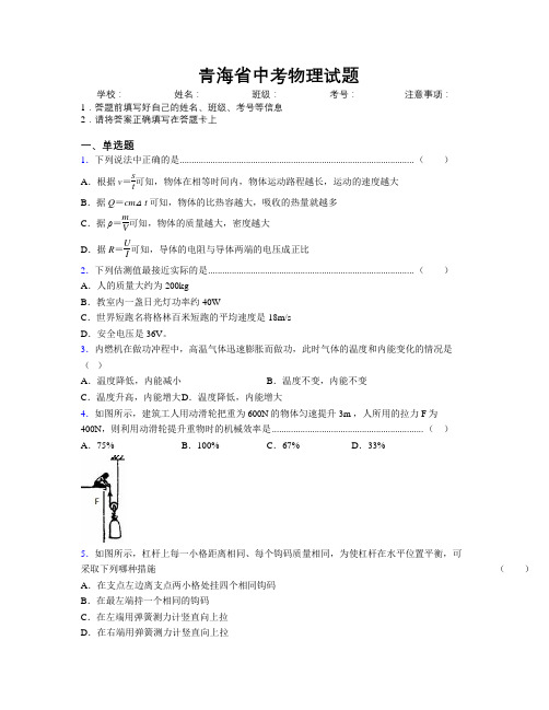 最新青海省中考物理试题附解析