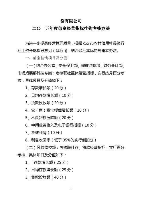 银行风险监控部部室经营指标考核办法