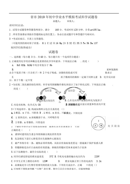 浙江科学中考2019科学模拟(含答案)杭州模拟