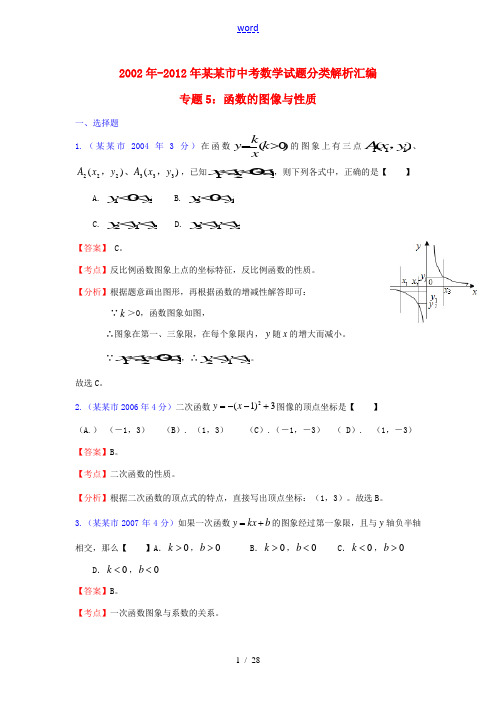 2002年-2012年上海市中考数学试题分类解析汇编专题5 函数的图像与性质 上教版