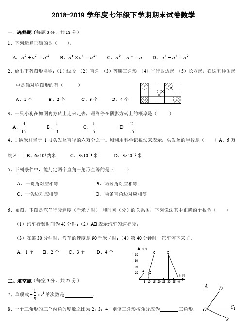 2018-2019北师大版七年级数学下册期末考试试卷及答案