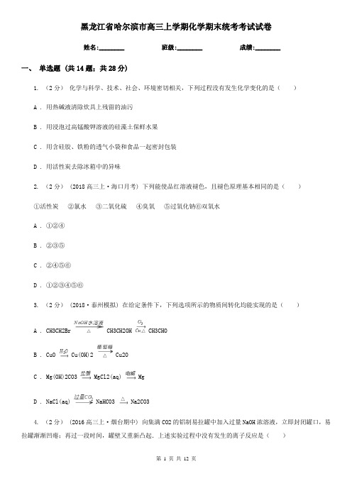 黑龙江省哈尔滨市高三上学期化学期末统考考试试卷