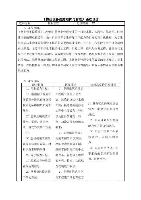 《物业设备设施维护与管理》课程设计
