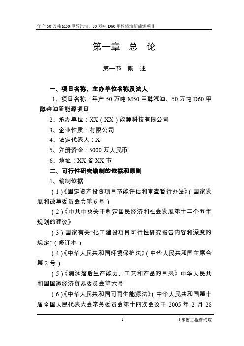 年产50万吨m50甲醇汽油、50万吨d60甲醇柴油新能源项目可行性报告书