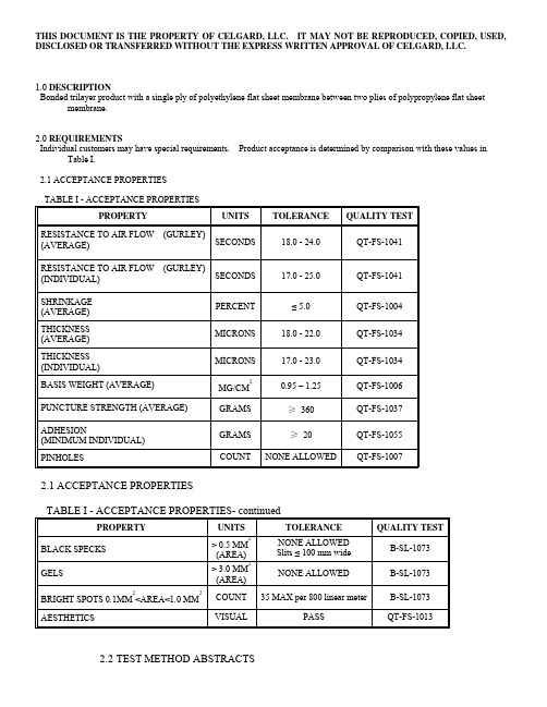 Celgard2320 隔膜技术参数