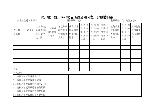 农、林、牧、渔业项目所得及期间费用分摊情况表
