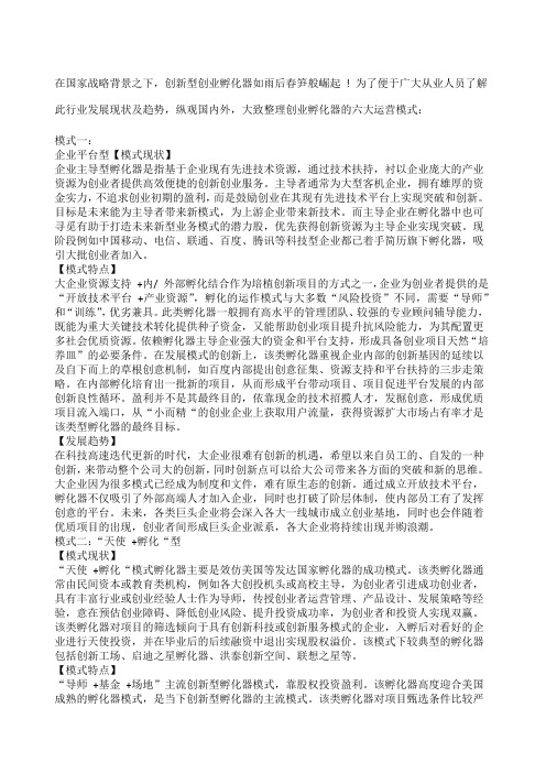 创业孵化器的六大运营模式
