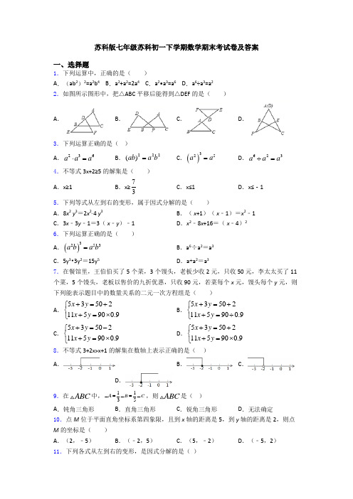 苏科版七年级苏科初一下学期数学期末考试卷及答案