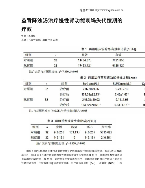 益肾降浊汤治疗慢性肾功能衰竭失代偿期的疗效
