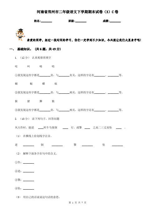 河南省郑州市二年级语文下学期期末试卷(3)C卷
