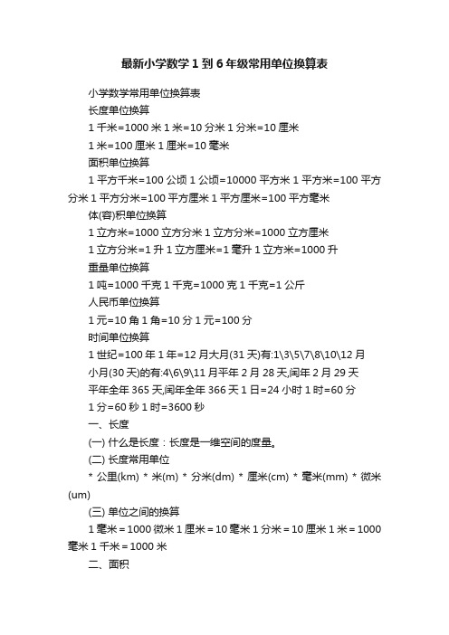 最新小学数学1到6年级常用单位换算表