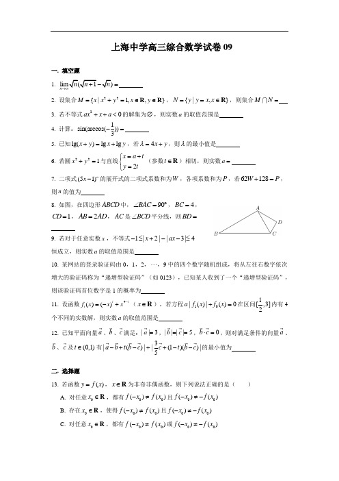 上海市上海中学2020-2021学年高三第一学期综合练习卷9数学(简答)