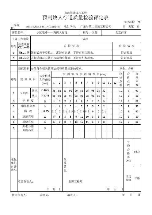 预制块人行道质量检验评定表