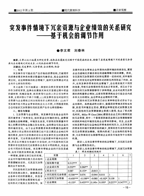 突发事件情境下冗余资源与企业绩效的关系研究——基于机会的调节作用