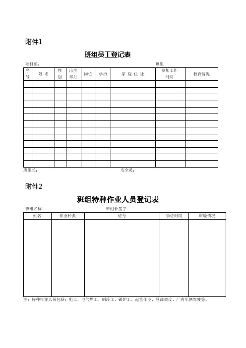 安全生产标准化班组各种表格