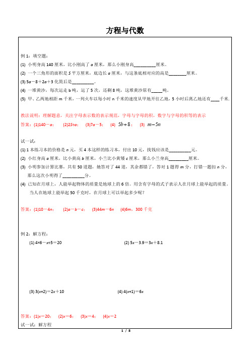 五年级下册数学一课一练 方程与代数 沪教版(含答案)