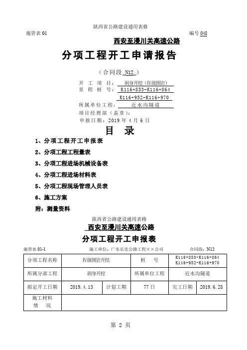 隧道洞身Ⅳ级开挖开工报告(含方案)19页word