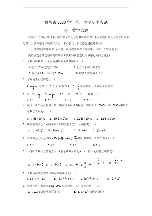 2020年山东省潍坊市初一上期中考试数学试题及答案(A卷全套)