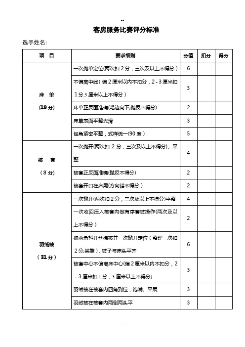 酒店服务技能比赛客房评分标准