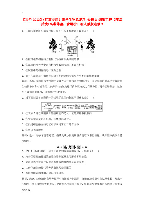 高考生物总复习 专题2 细胞工程(随堂反馈+高考体验,含解析)新人教版选修3
