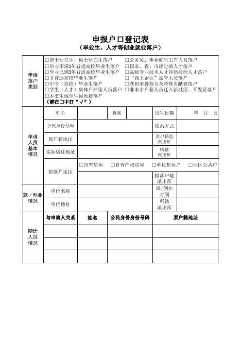 2018年武汉市大学生人才申报户口登记表
