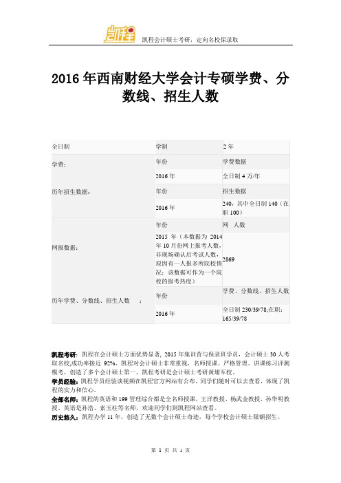 2016年西南财经大学会计专硕学费、分数线、招生人数