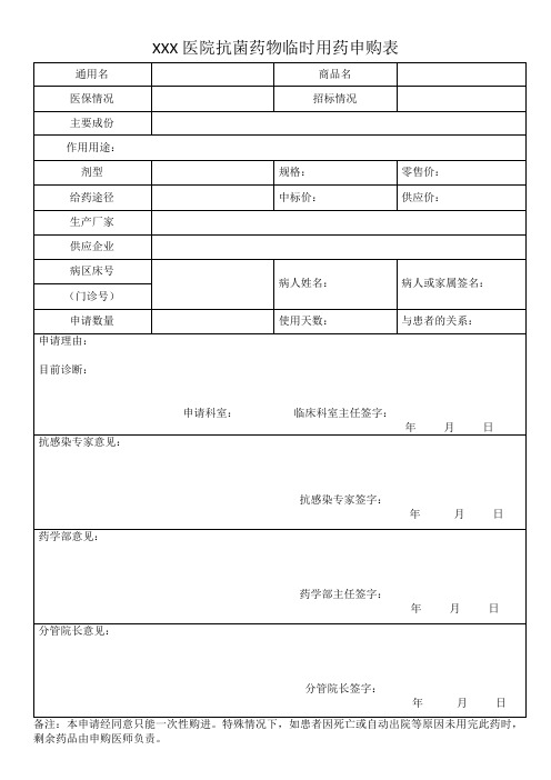 XXX医院抗菌药物临时用药申购表