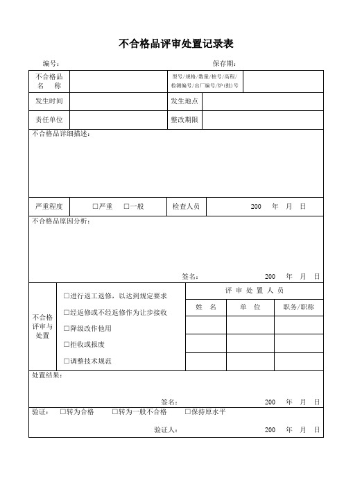 不合格品处置管理制度 附表-不合格品评审处置记录表