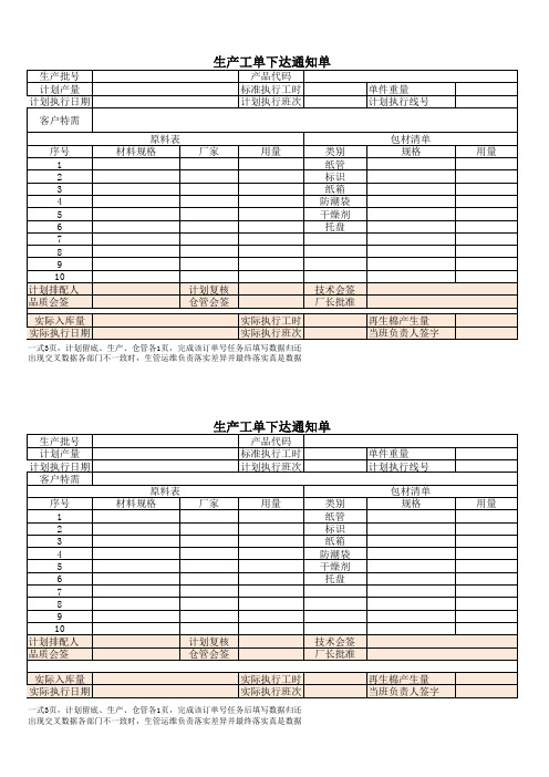 生产工单下达格式表