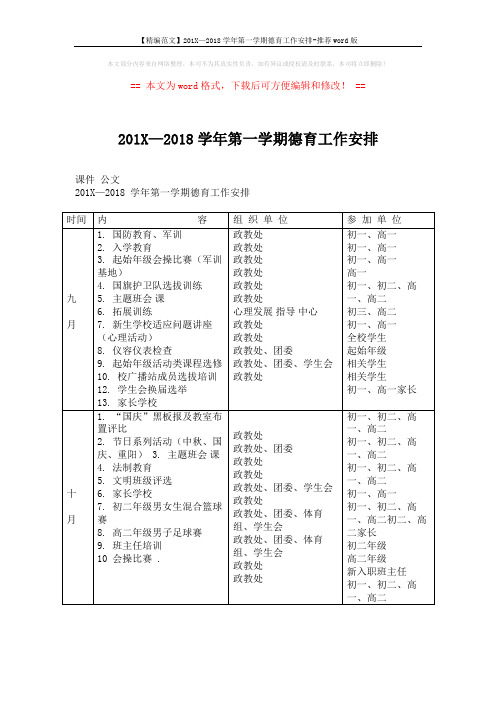 【精编范文】201X—2018学年第一学期德育工作安排-推荐word版 (2页)