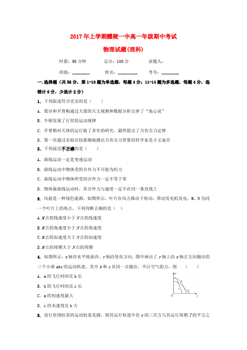 湖南省醴陵市第一中学2016-2017学年高一物理下学期期中试题 理