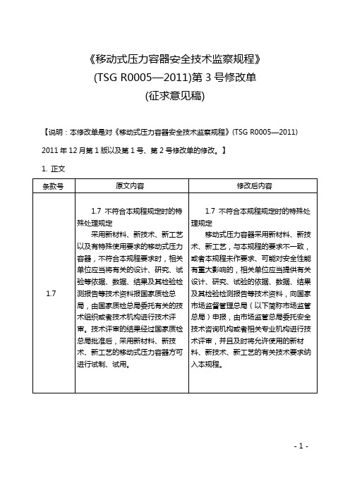 《移动式压力容器安全技术监察规程》(TSG R0005—2011)第3号修改单(征求意见稿)