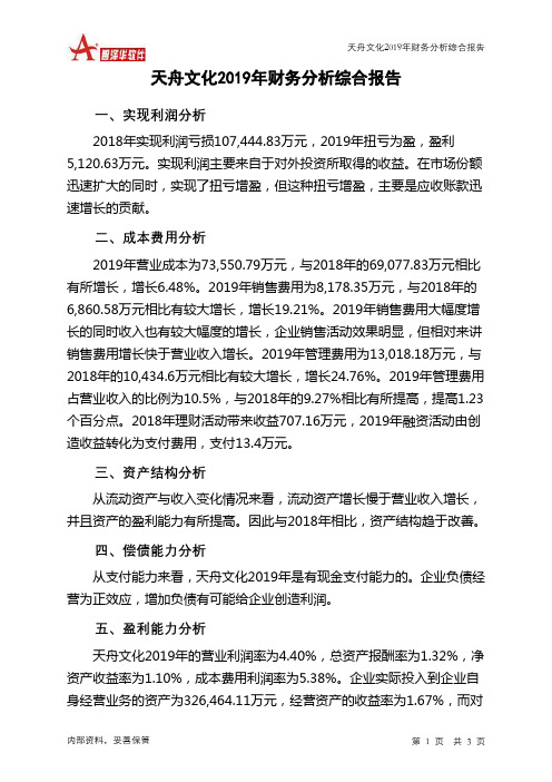 天舟文化2019年财务分析结论报告