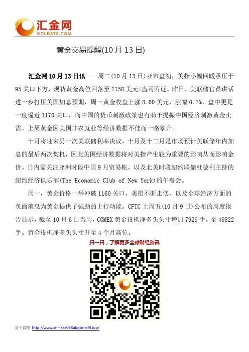黄金交易提醒(10月13日)