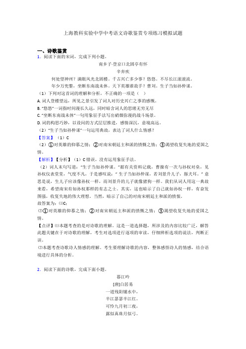 上海教科实验中学中考语文诗歌鉴赏专项练习模拟试题